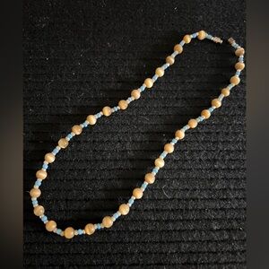 Vintage cat eye Beaded Necklace with Blue and white/silver stone 16"